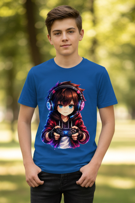 Kinder Basic T-Shirt Anime Gamer mit Neon-Lichtern
