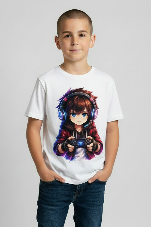 Kinder Basic T-Shirt Anime Gamer mit Neon-Lichtern