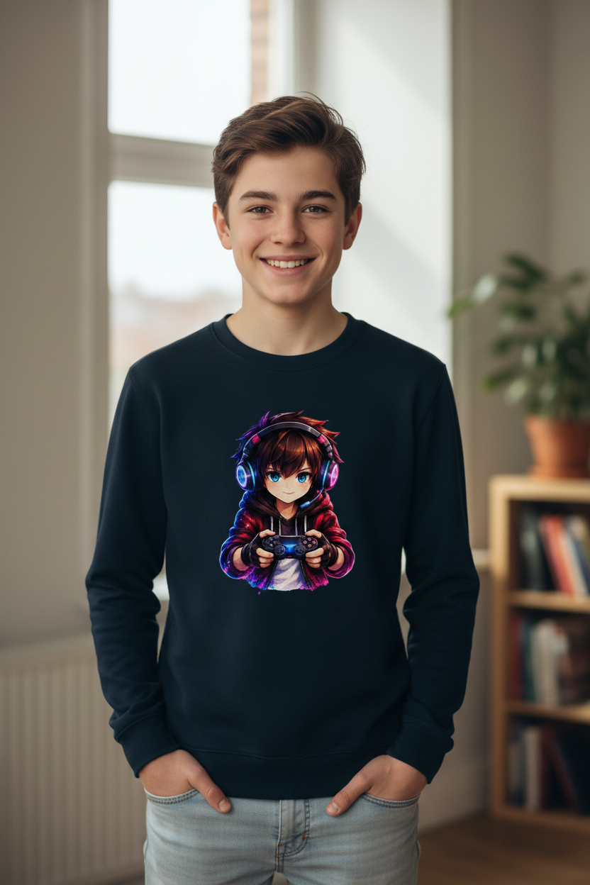 Kinder Sweatshirt Anime Gamer mit Neon-Lichtern
