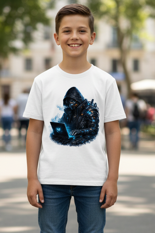 Kinder Basic T-Shirt Cyberpunk hacker im blauen Licht