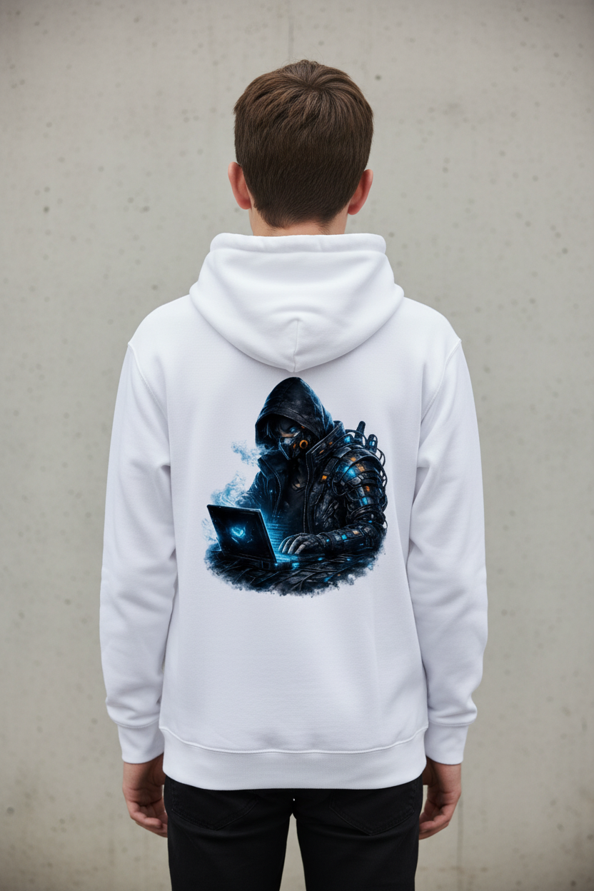 Kids Basic Hoodie Cyberpunk hacker im blauen Licht