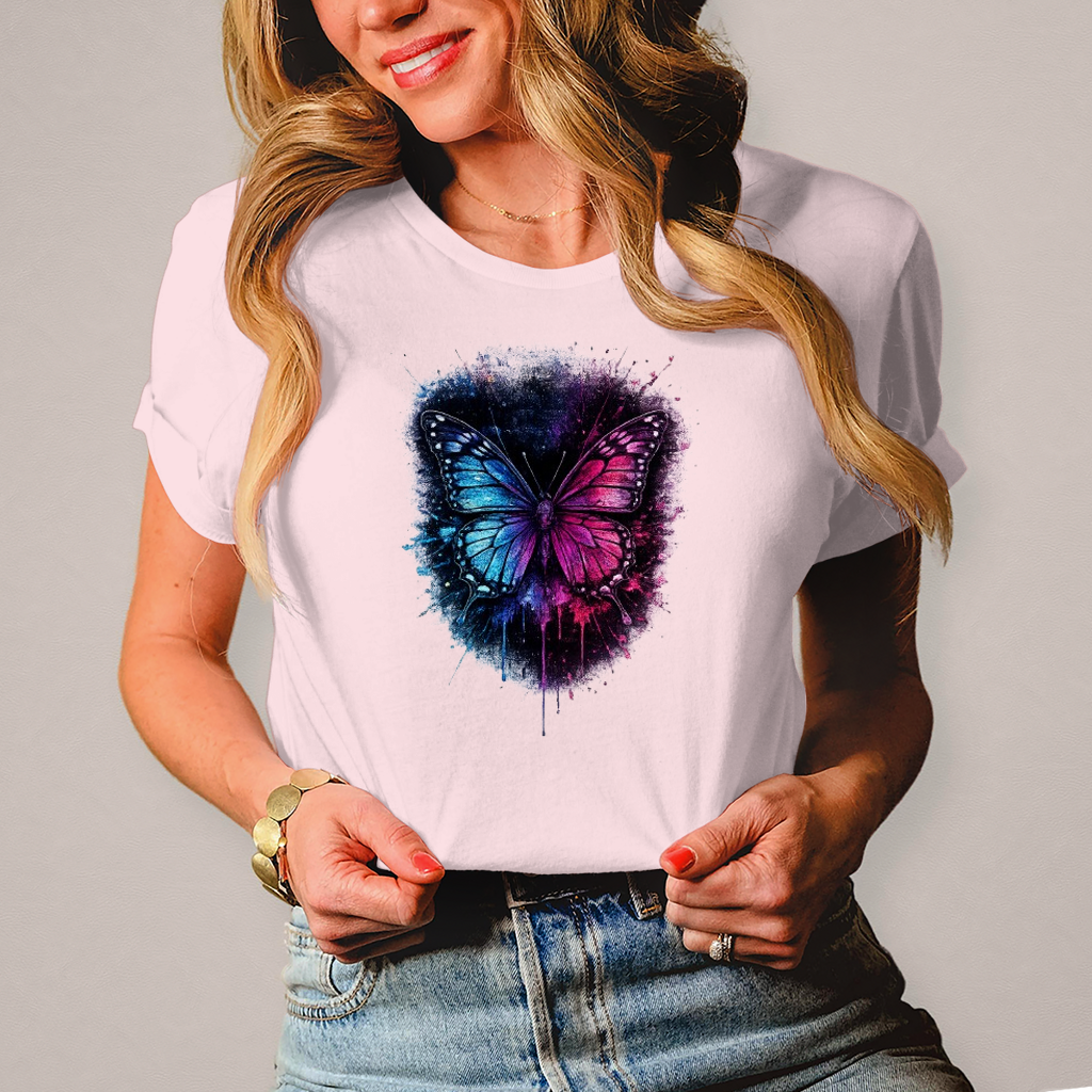 Damen T-Shirt Lebendige Schmetterling mit Farbspritzern