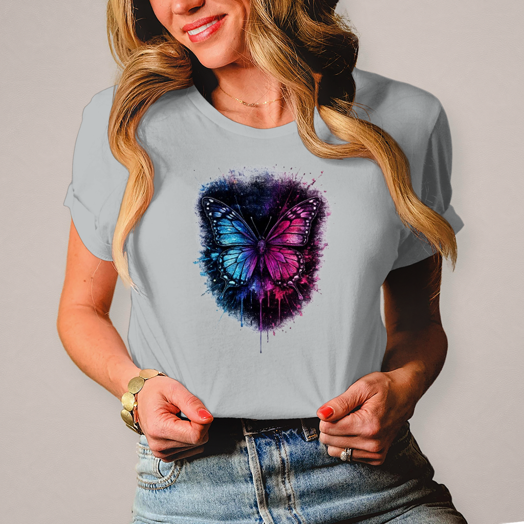 Damen T-Shirt Lebendige Schmetterling mit Farbspritzern