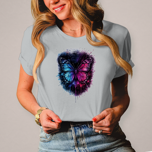 Damen T-Shirt Lebendige Schmetterling mit Farbspritzern