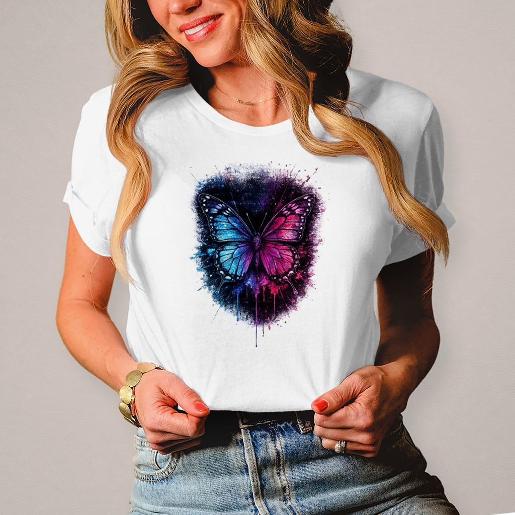 Damen T-Shirt Lebendige Schmetterling mit Farbspritzern