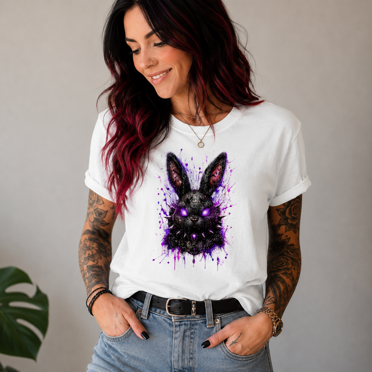 Damen T-Shirt Dramatischer, punkiger Hasenkopf in Neon-Glanz