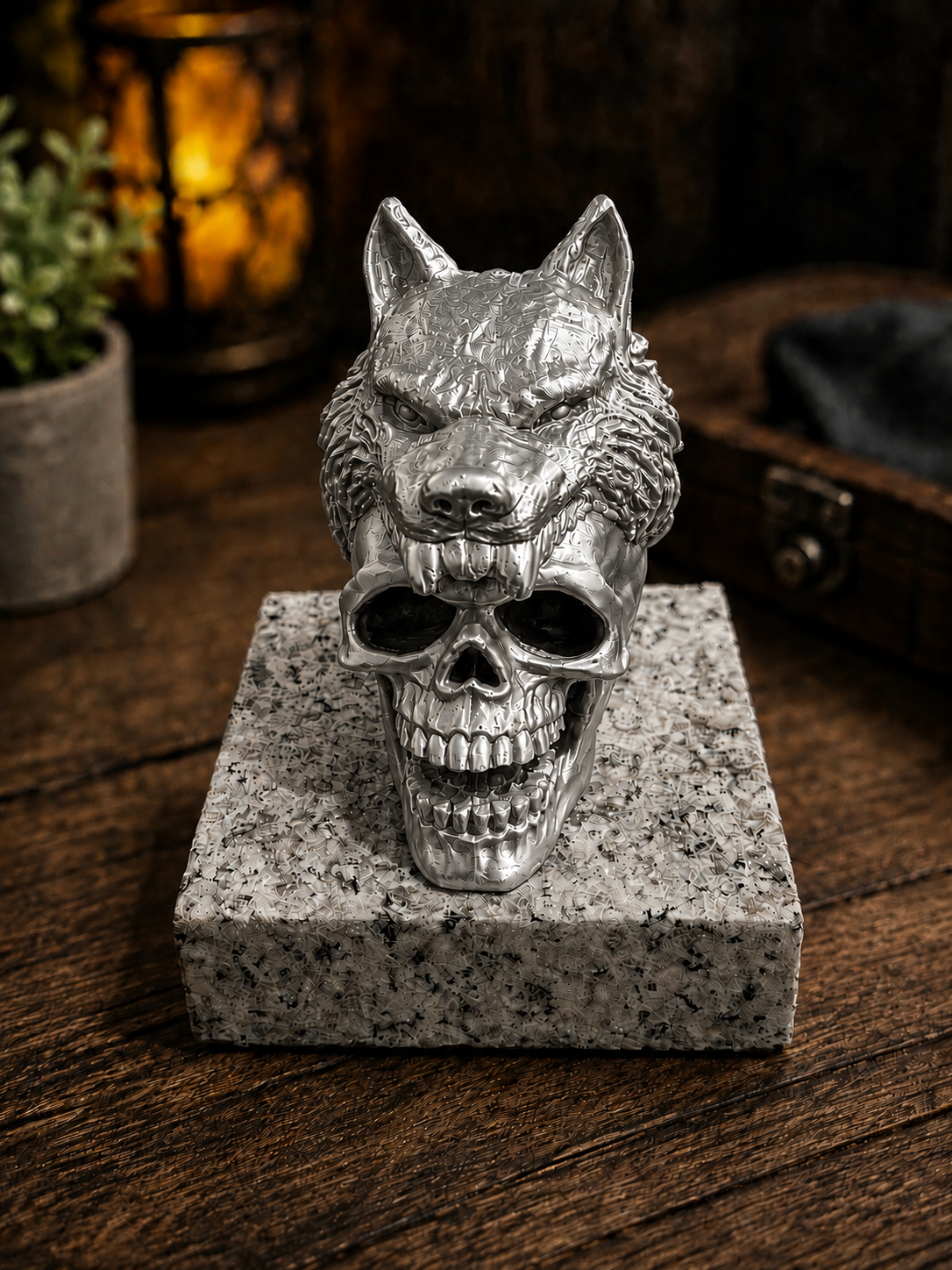 Wolf/Schädel handgefertigte Figur in Keramikoptik auf Stein