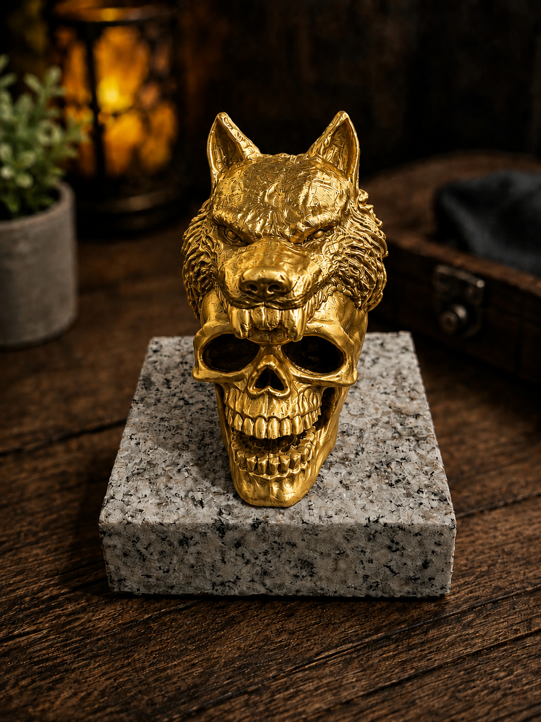 Wolf/Schädel handgefertigte Figur in Keramikoptik auf Stein