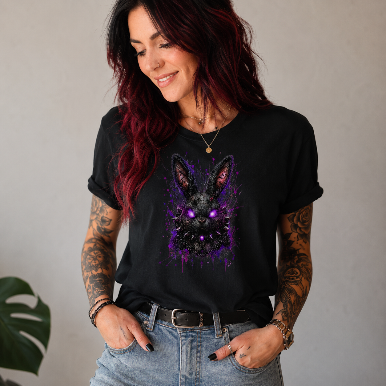 Damen T-Shirt Dramatischer, punkiger Hasenkopf in Neon-Glanz