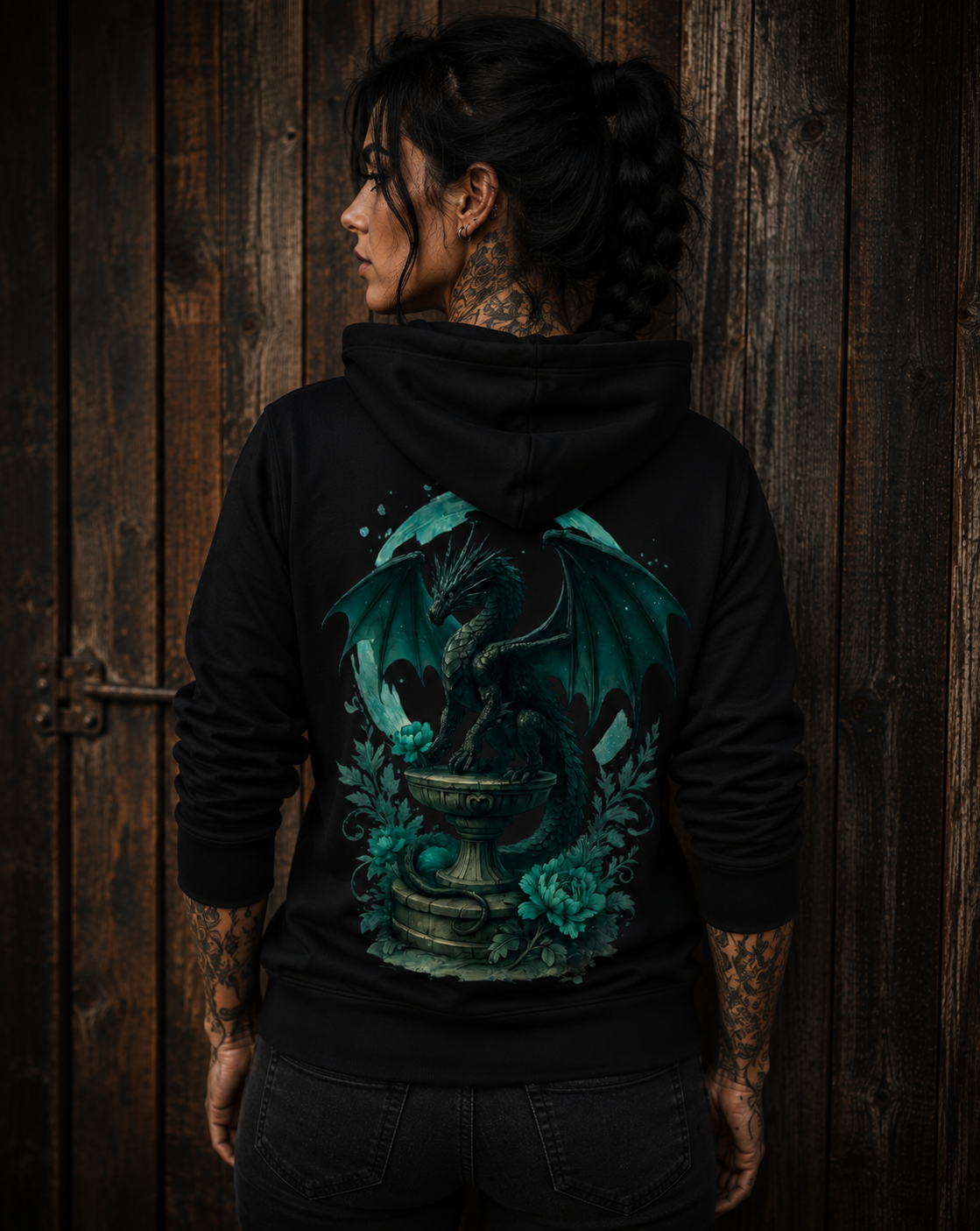 Unisex Zipper Hoodie Drache auf Podest, Türkis