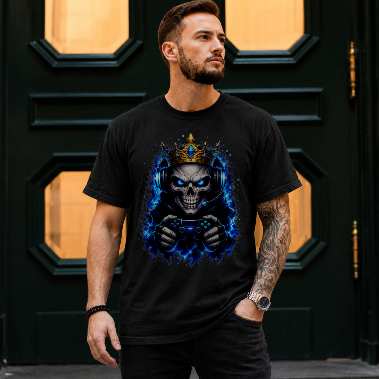 Herren T-Shirt Königlicher Gamer-Skelett-Maskottchen