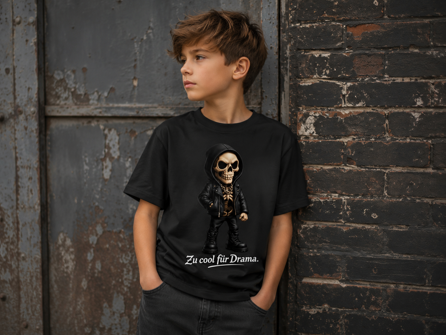 Kinder Basic T-Shirt Zu cool für Drama Skelett Teenager