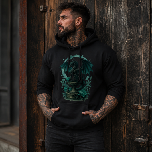 Herren Hoodie Drache auf Podest, Türkis