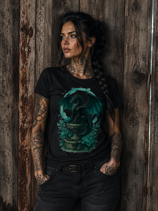Damen T-Shirt Drache auf Podest, Türkis