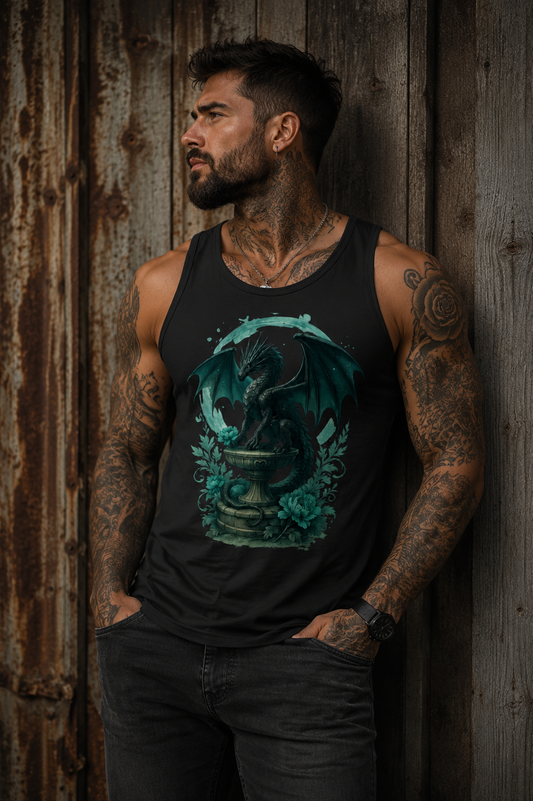 Herren Basic Tank Top Drache auf Podest, Türkis