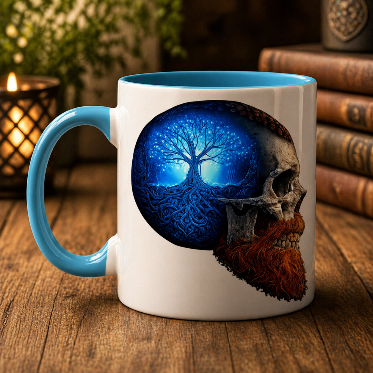 Tasse zweifarbig Leuchtender Baum im Schädelinneren blau