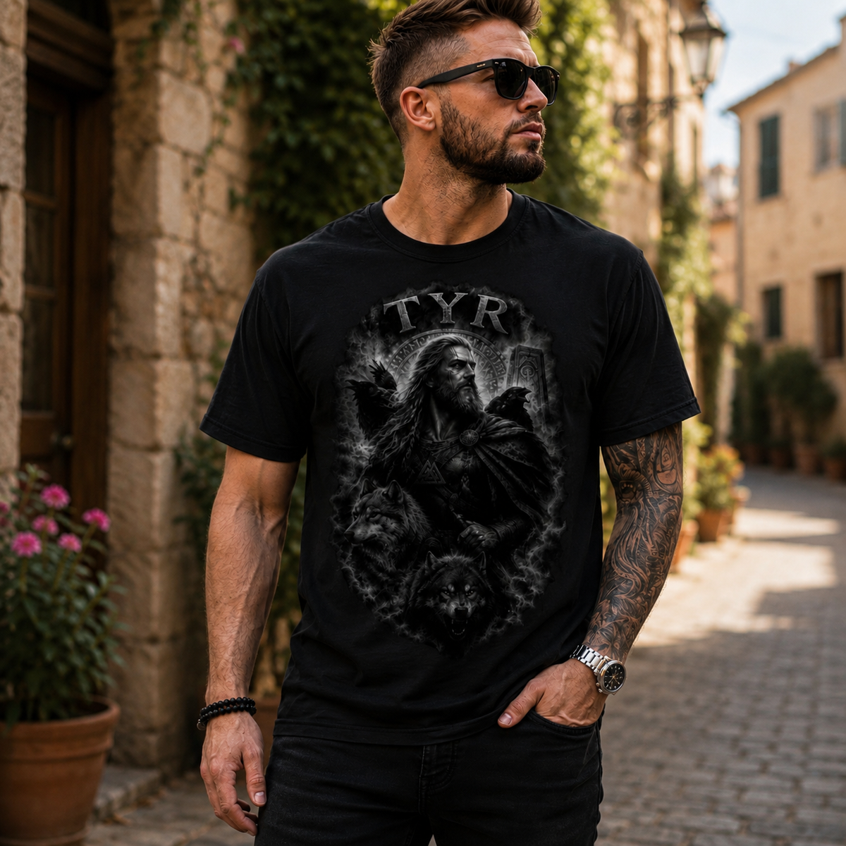Herren T-Shirt Der Krieger Tyr im Nebel
