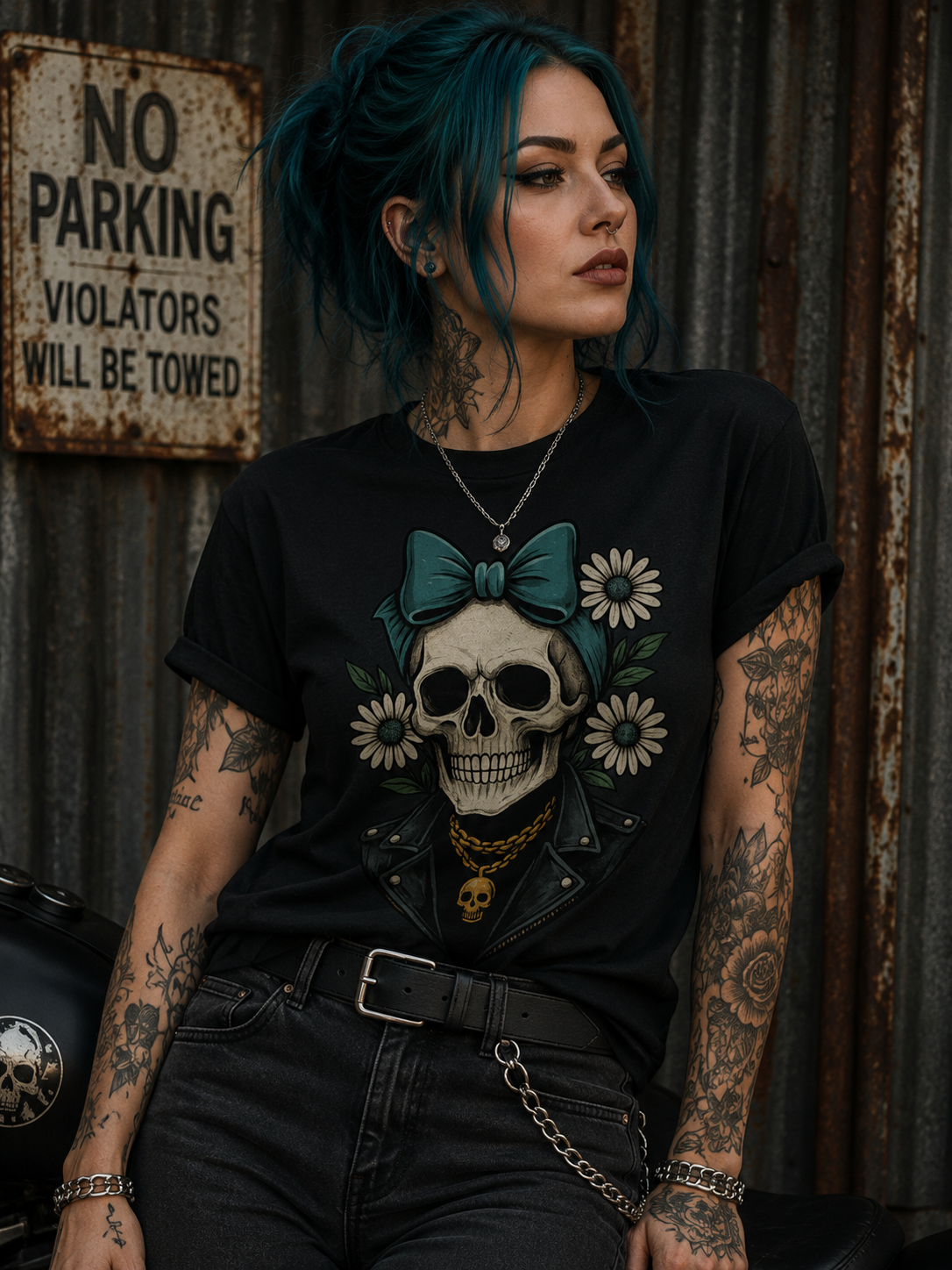 Damen T-Shirt Skelett Frau Gänseblümchen