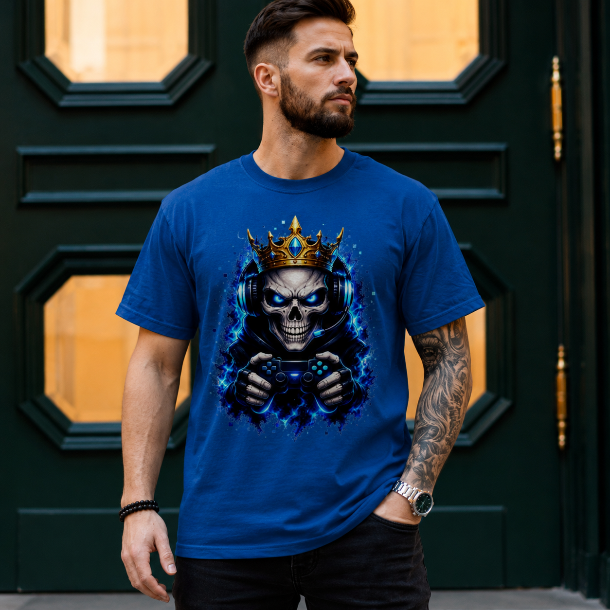Herren T-Shirt Königlicher Gamer-Skelett-Maskottchen