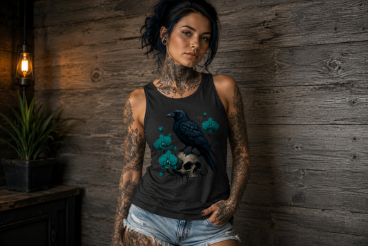 Damen Basic Tank Top Rabe auf Schädel mit türkisen Orchideen