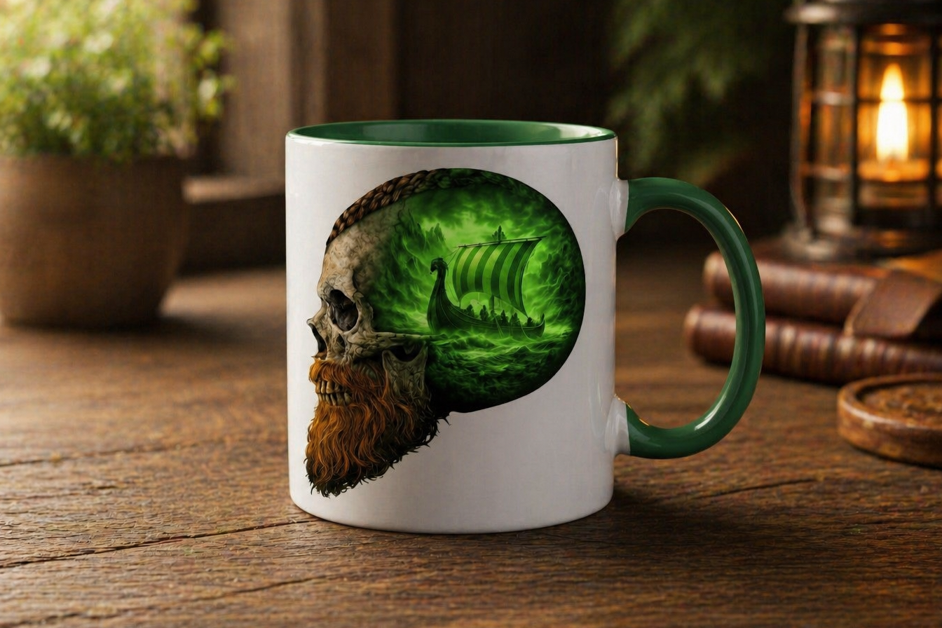 Tasse zweifarbig Vikinger im Schädelmeer grün