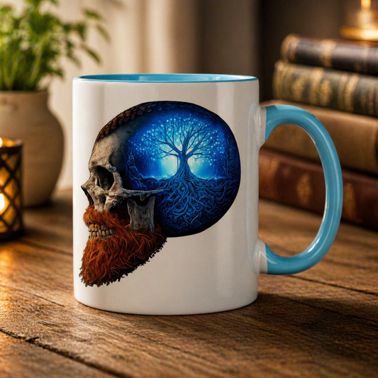 Tasse zweifarbig Leuchtender Baum im Schädelinneren blau