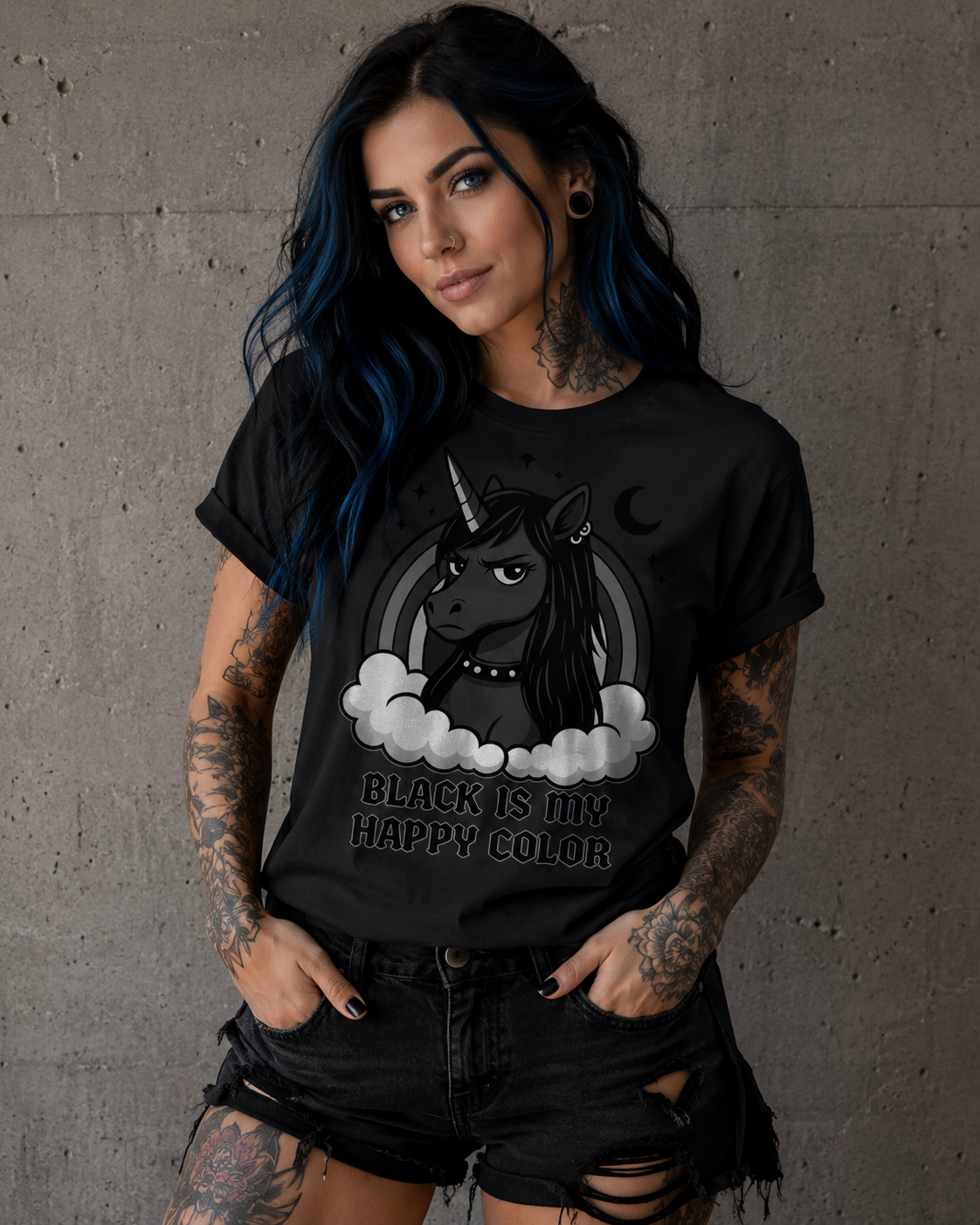Damen T-Shirt Damen Einhorn Black is my Happy Color