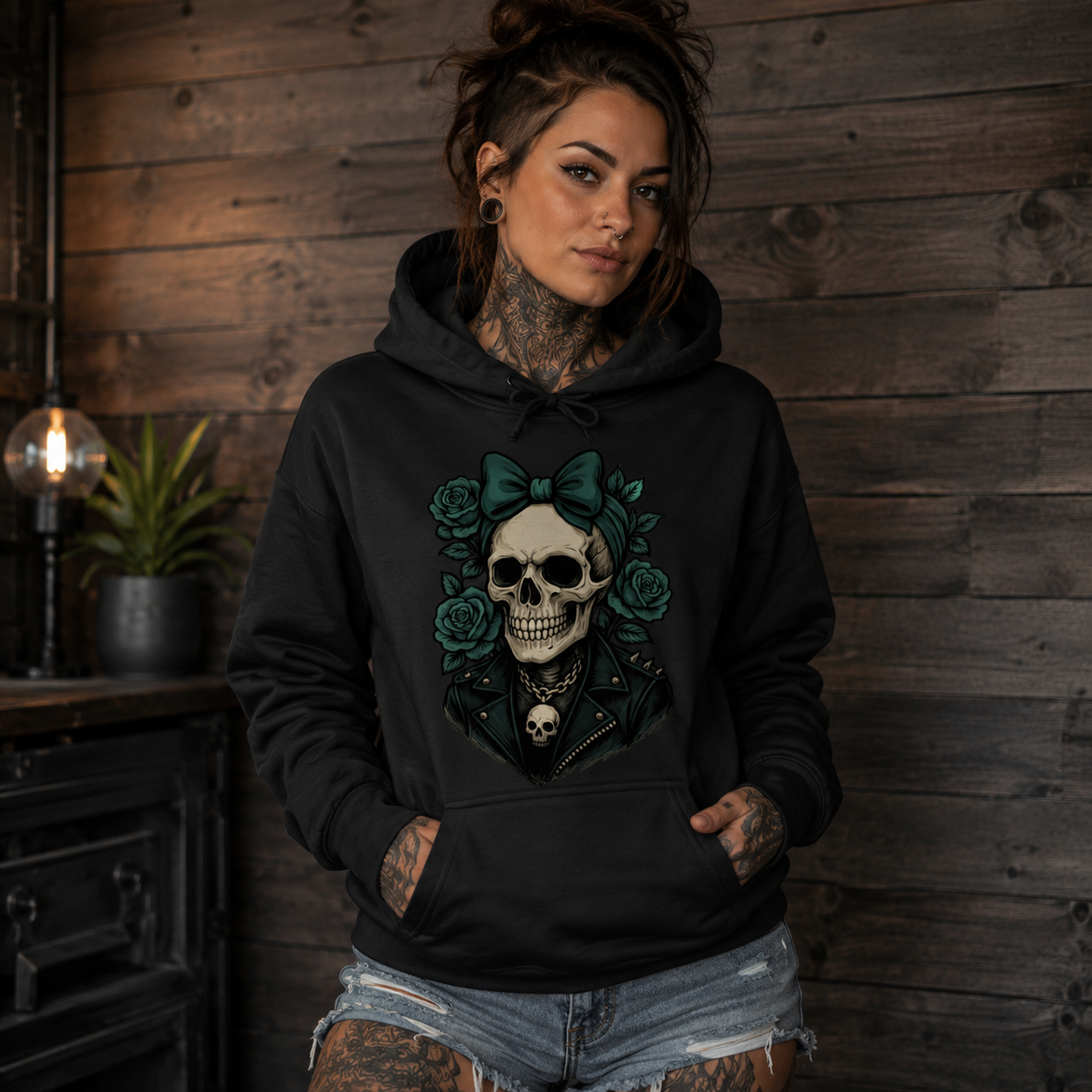 Damen Hoodie Schädel Frau mit türkisen Rosen