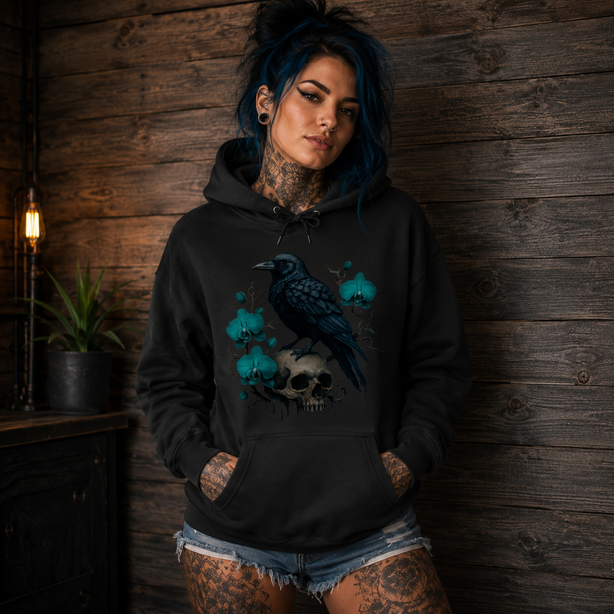 Damen Hoodie Rabe auf Schädel mit türkisen Orchideen