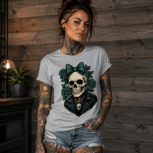 Damen T-Shirt Schädel Frau mit türkisen Rosen