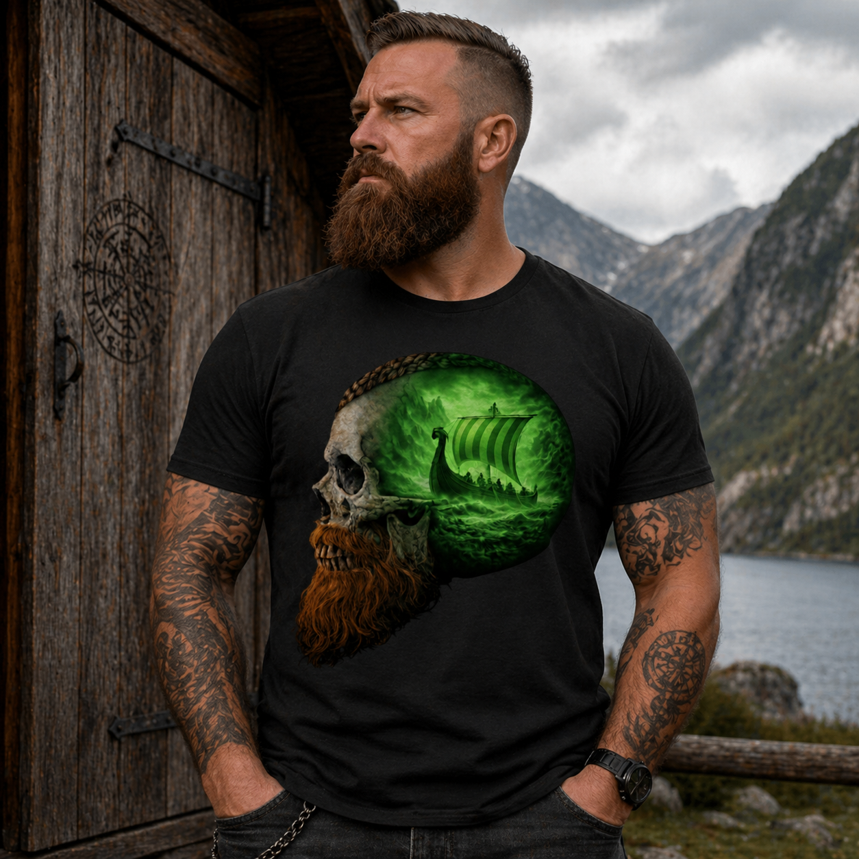 Herren T-Shirt Vikinger im Schädelmeer grün