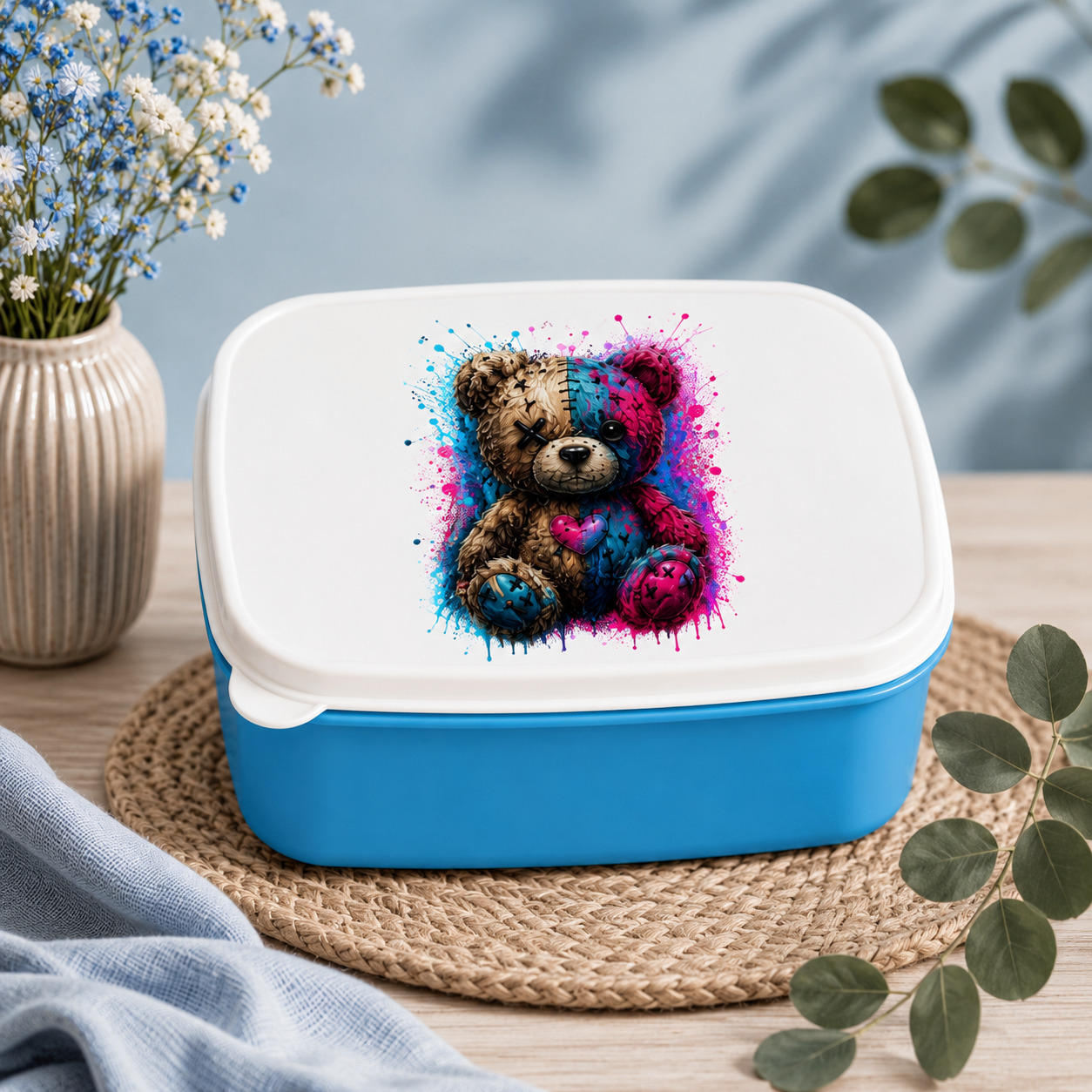 Lunchbox Gekritzeltes Teddy mit Farbspritzern